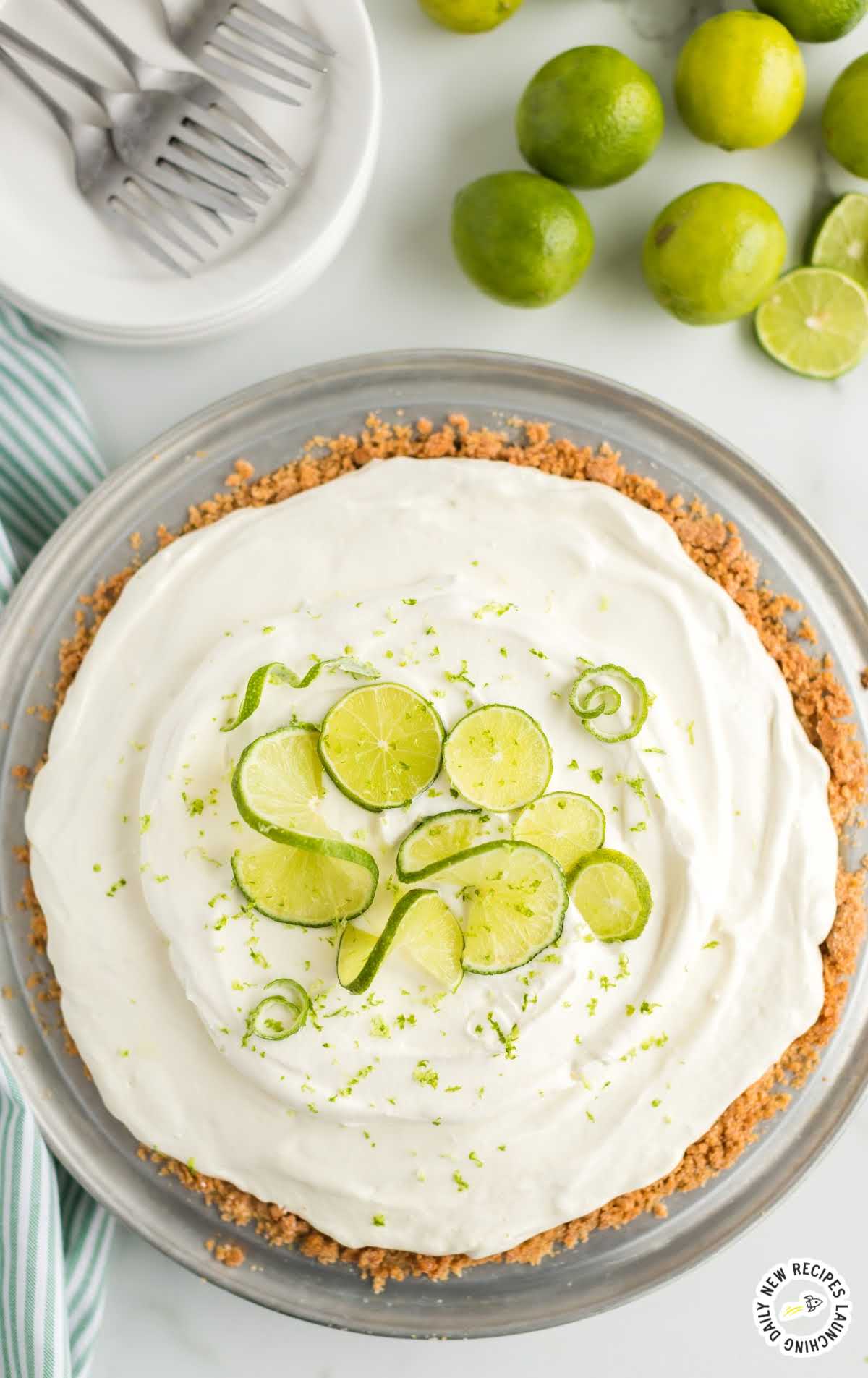 overhead shot of a whole pie garnished with lime